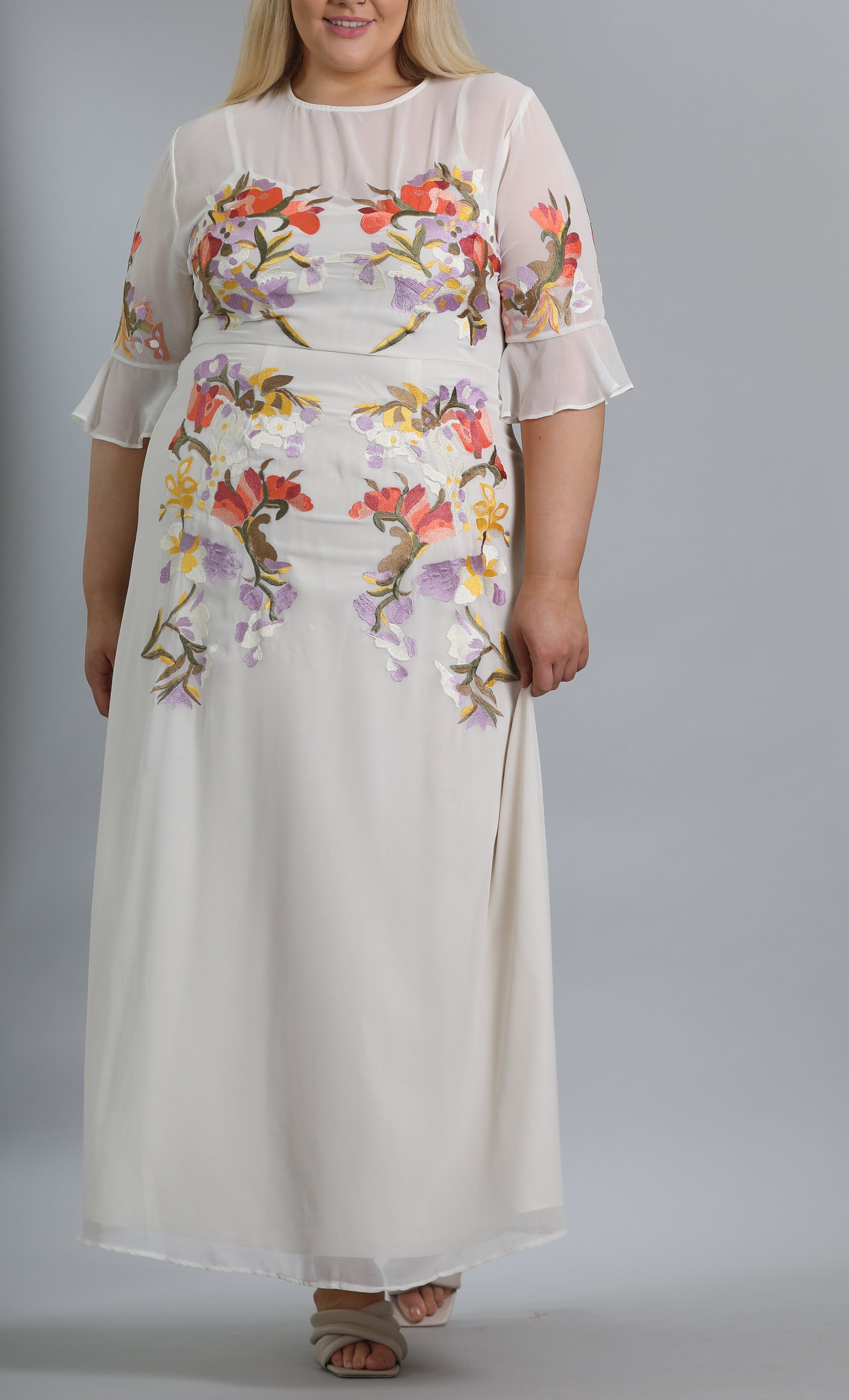 Fluted Sleeve Embroidered Maxi Dress