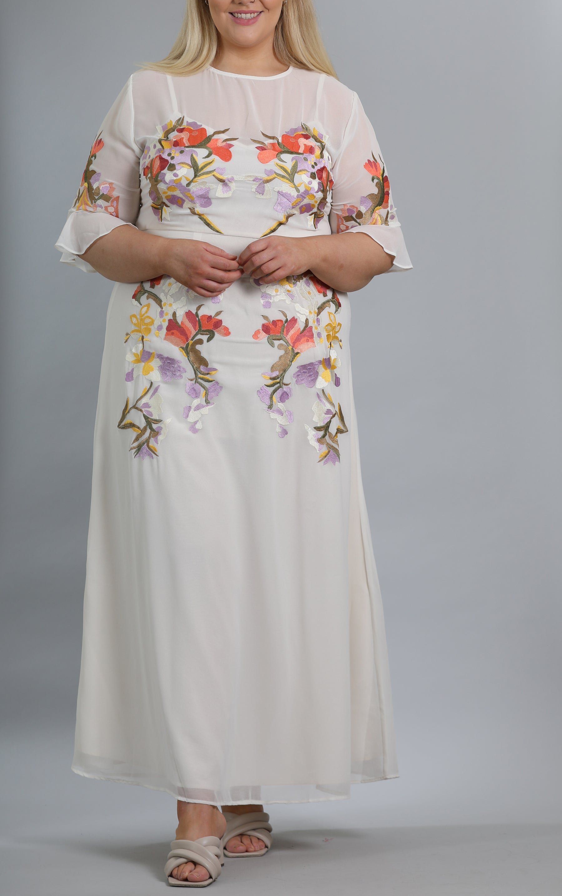 Fluted Sleeve Embroidered Maxi Dress