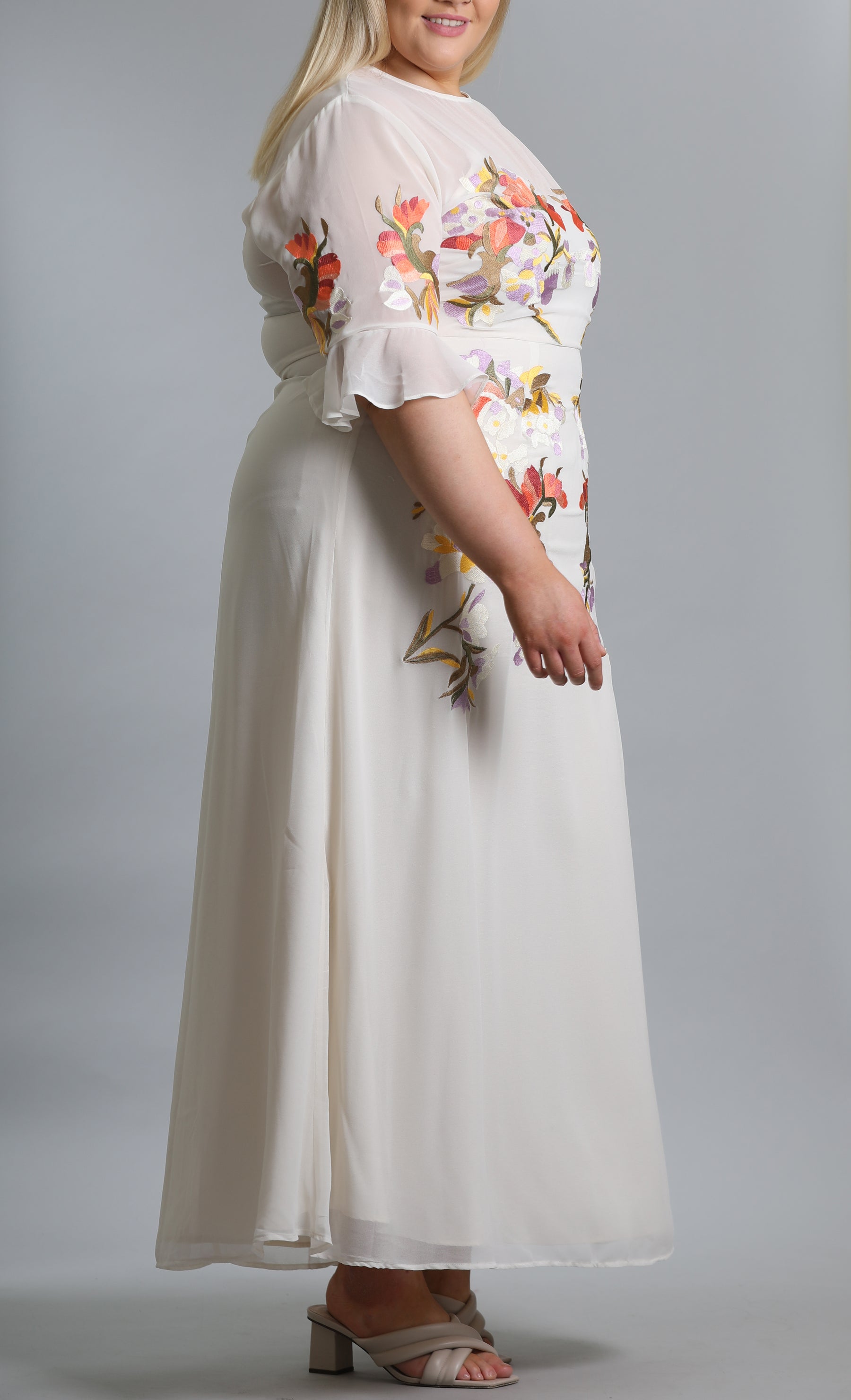 Fluted Sleeve Embroidered Maxi Dress