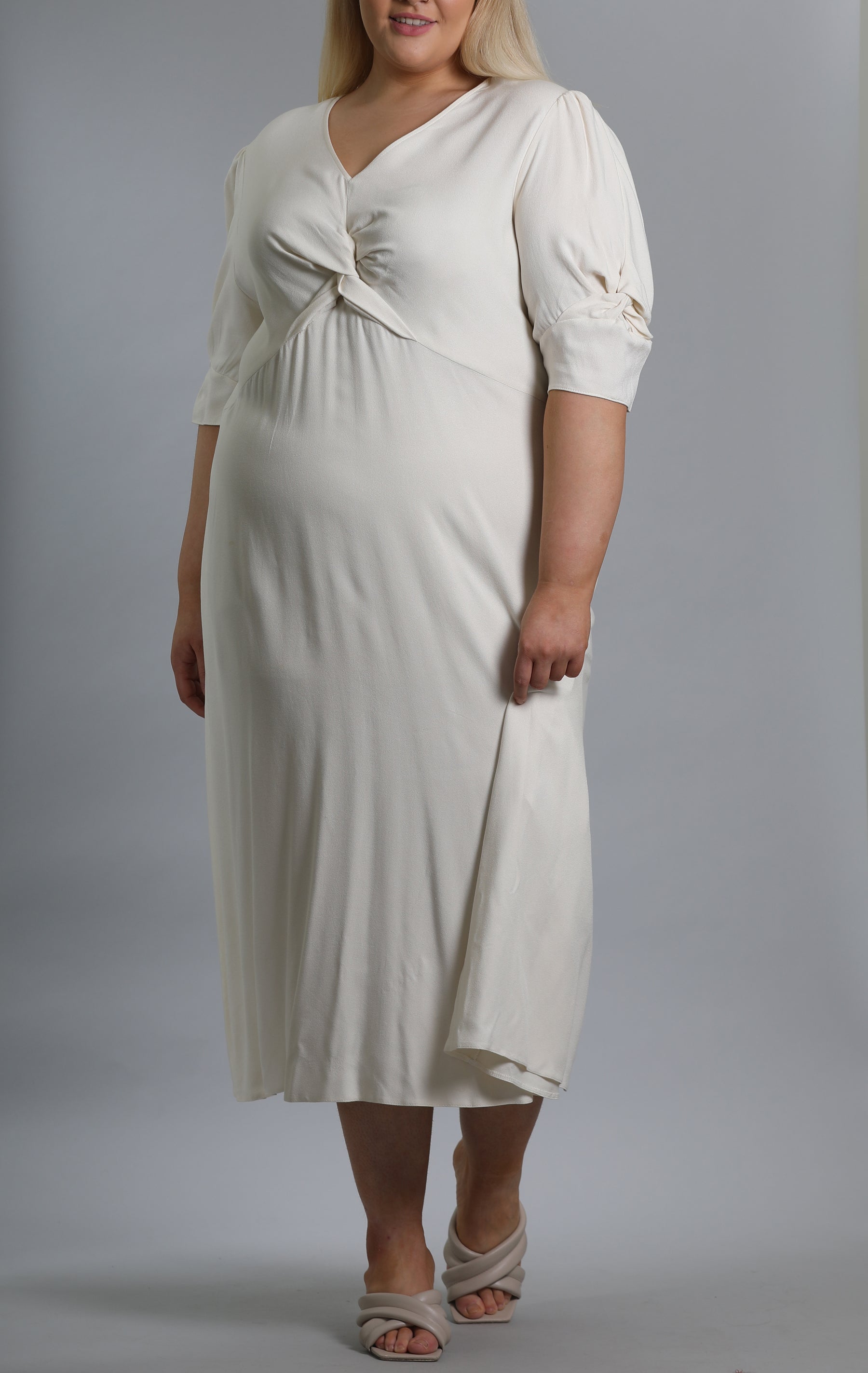 Twist Front Puff Sleeve Midi Dress