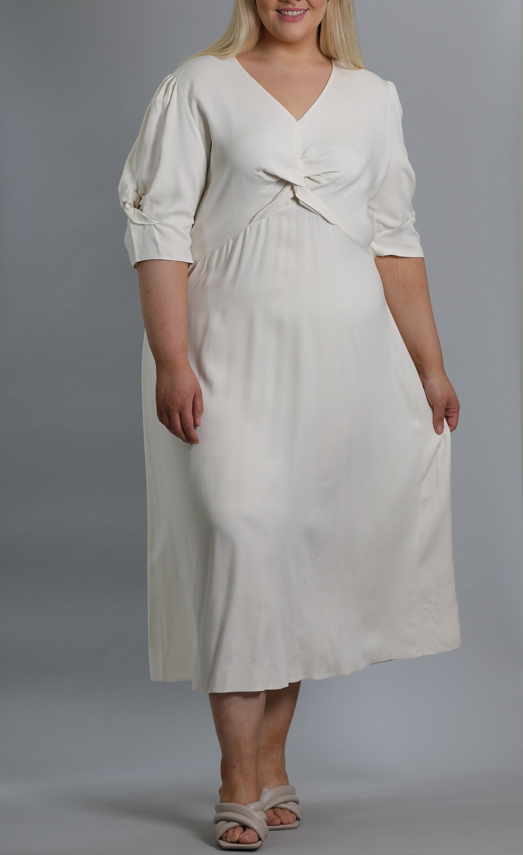 Twist Front Puff Sleeve Midi Dress