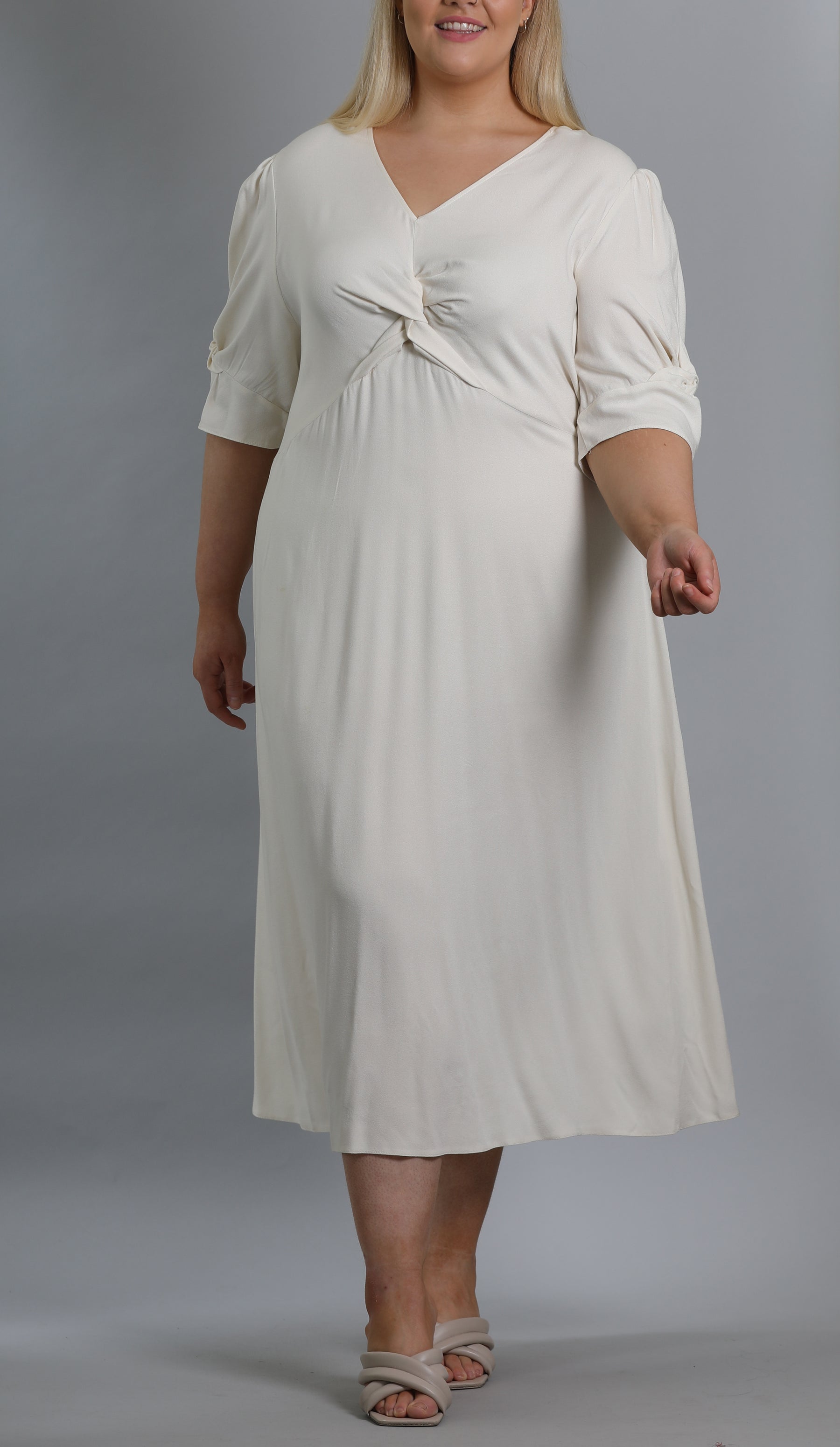 Twist Front Puff Sleeve Midi Dress
