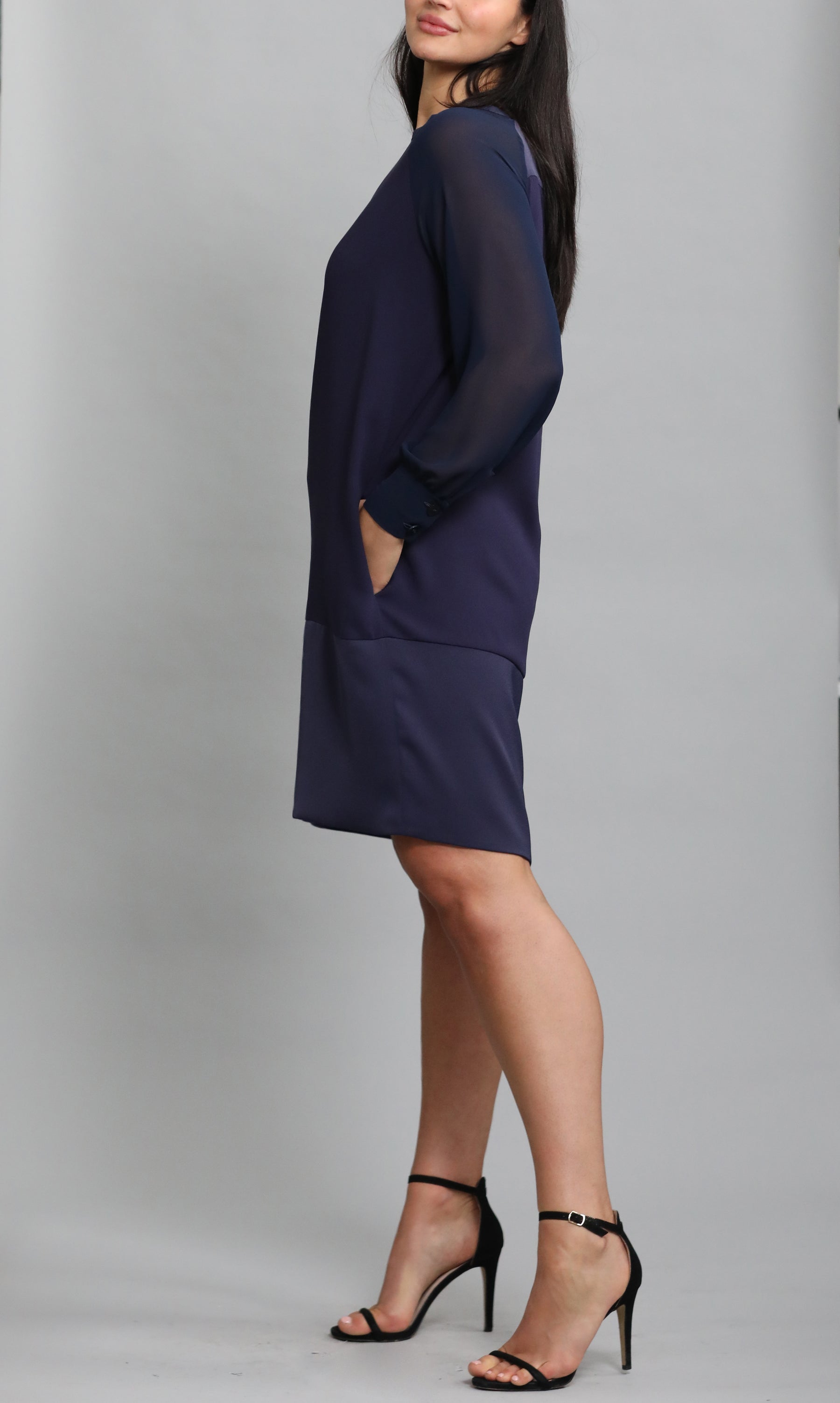 Navy Dress With Sheer Sleeves