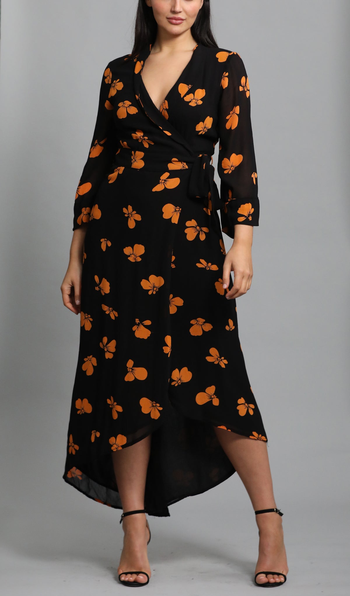 Floral Printed Crepe Wrap Dress in black / orange