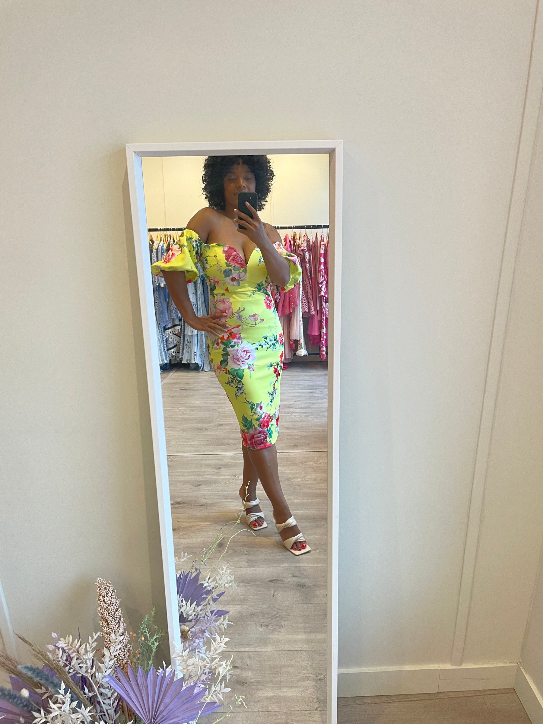 DESIGN Yellow Floral Fitted Midi Dress