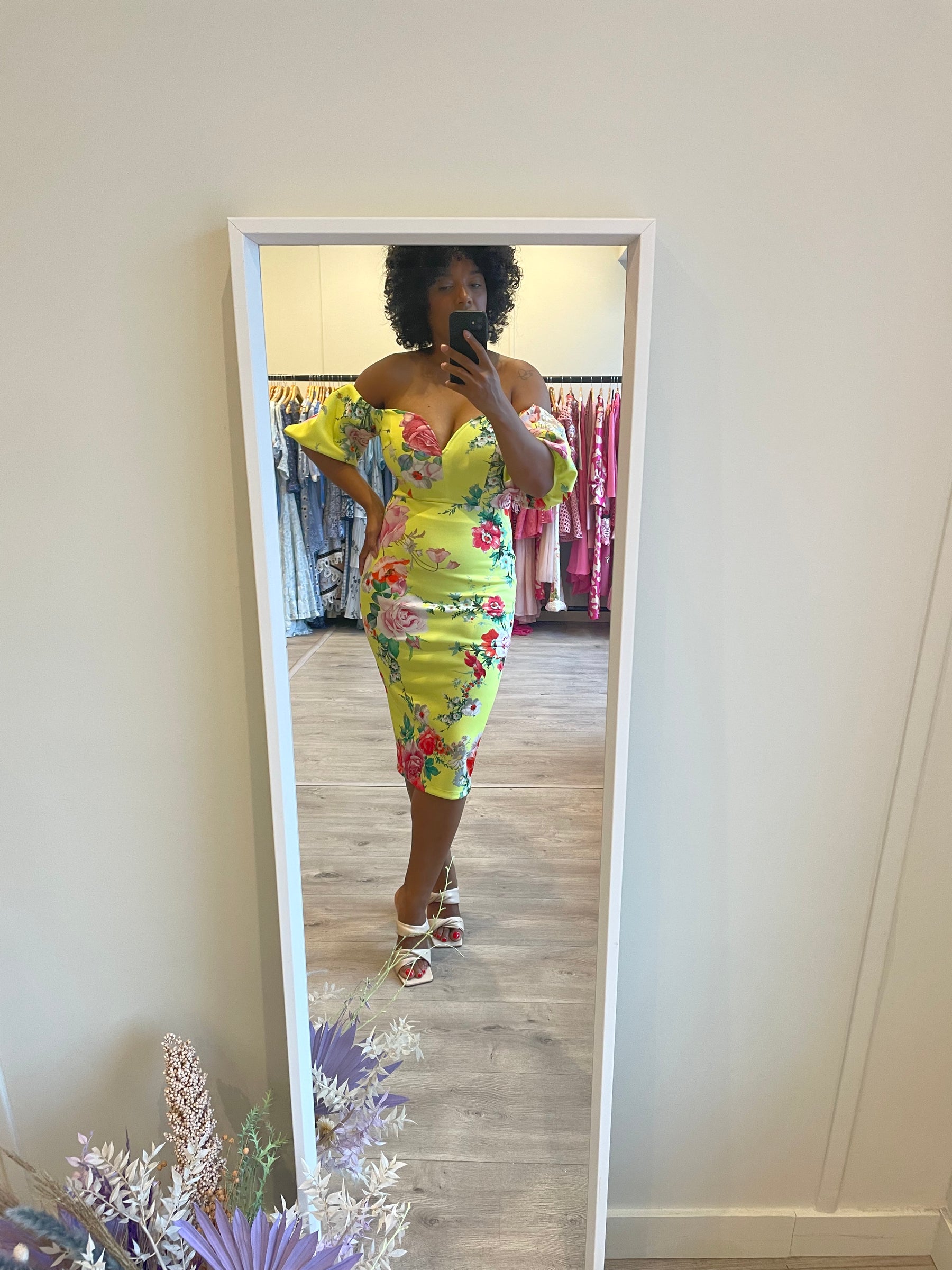 DESIGN Yellow Floral Fitted Midi Dress