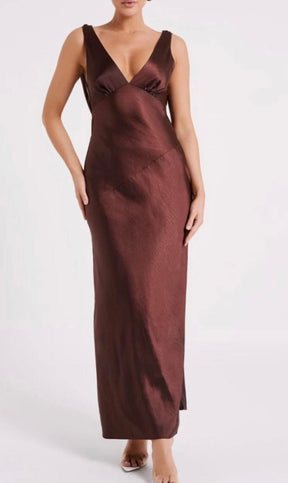 Meshki Nadia Maxi Satin Dress With Back Cowl - Brown