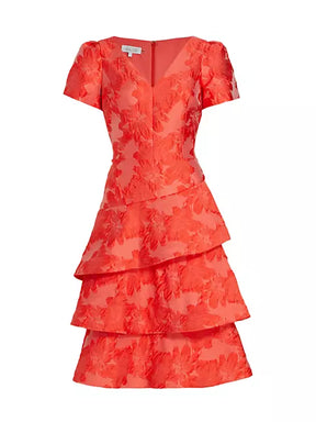 Teri Jon  Red Floral Tiered Cocktail Dress