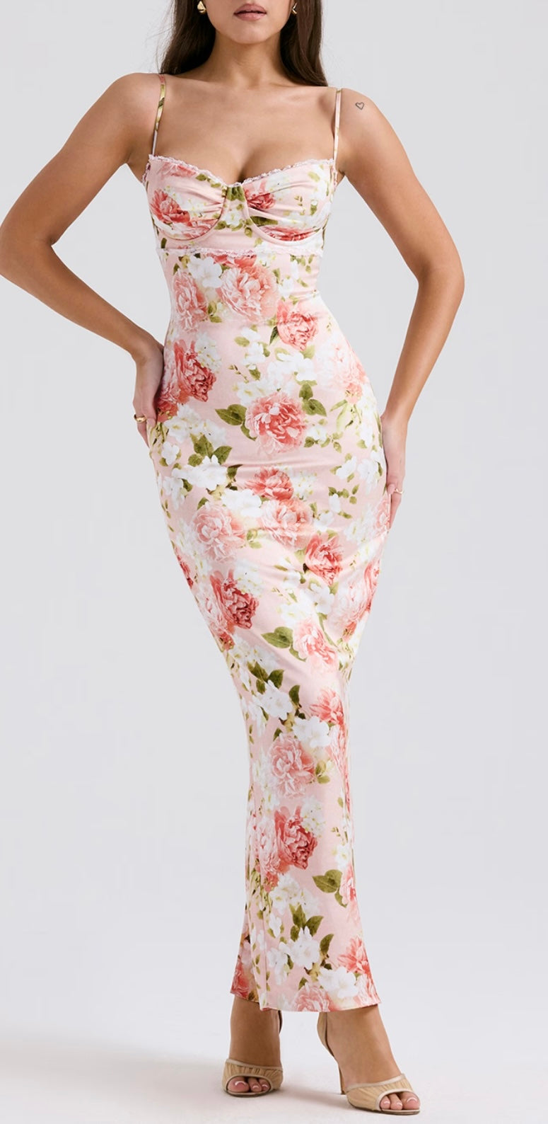 House of CB Josefina Pink Peony Print Satin Maxi Dress