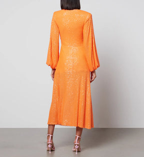 Rotate Birger Christensen Orange Ruched Sequined Stretch-mesh Midi Dress
