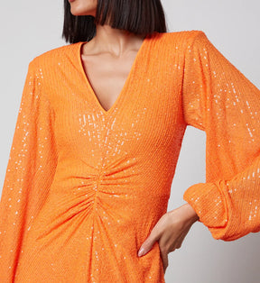 Rotate Birger Christensen Orange Ruched Sequined Stretch-mesh Midi Dress