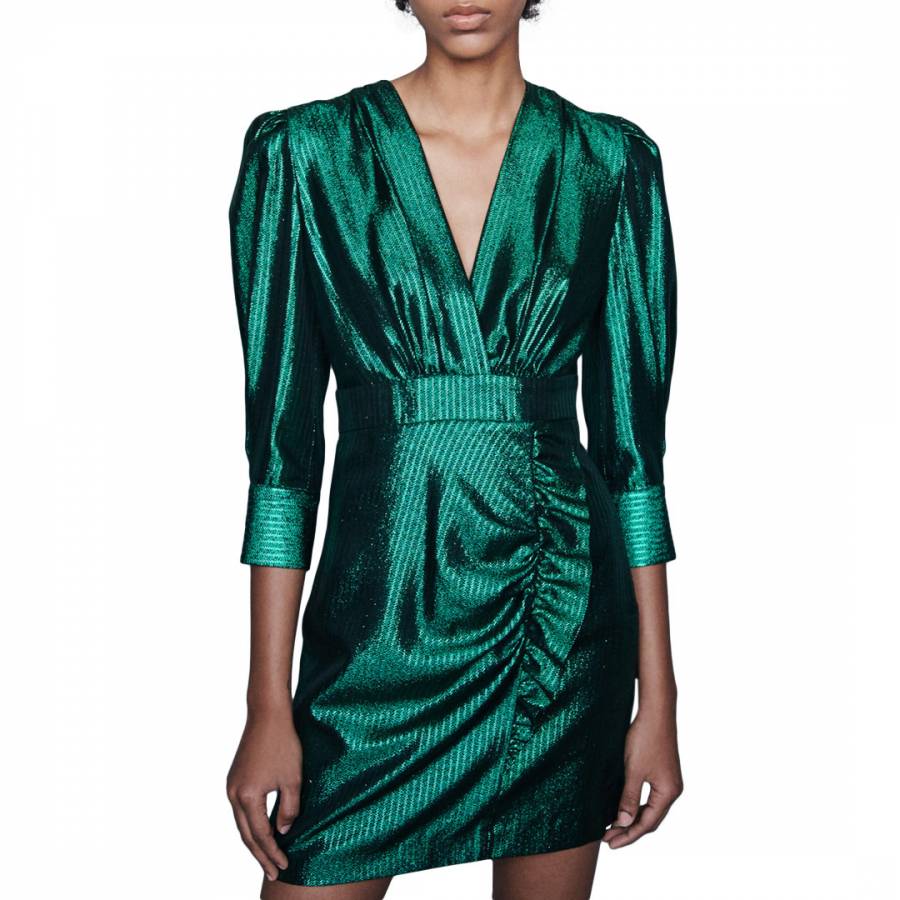 Maje Rexy Woven Metallic Mini Dress In Green