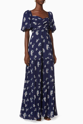 Self-Portrait Pansy Print Pleated Maxi Dress in Chiffon