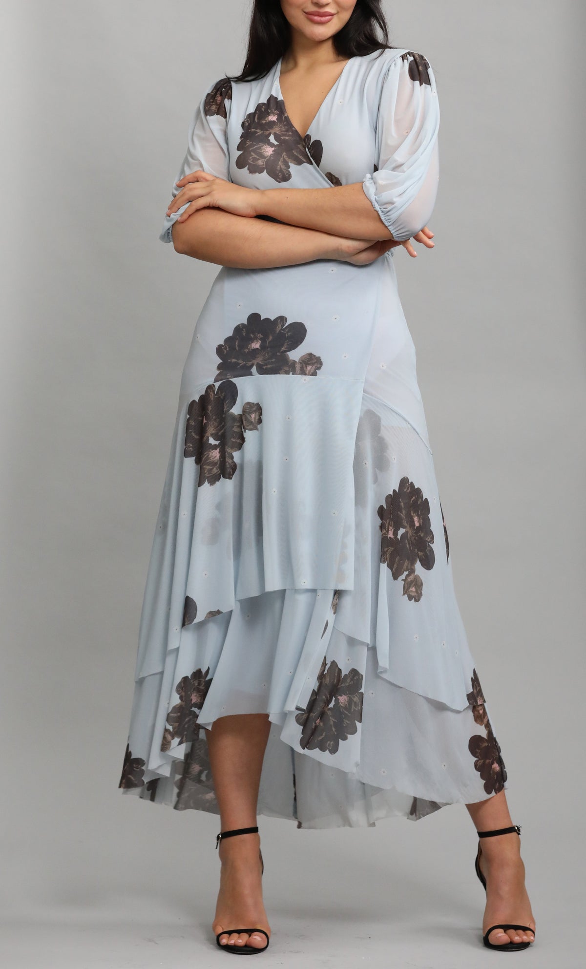 Ganni Tiered Floral-Print Stretch-Mesh Midi Wrap Dress