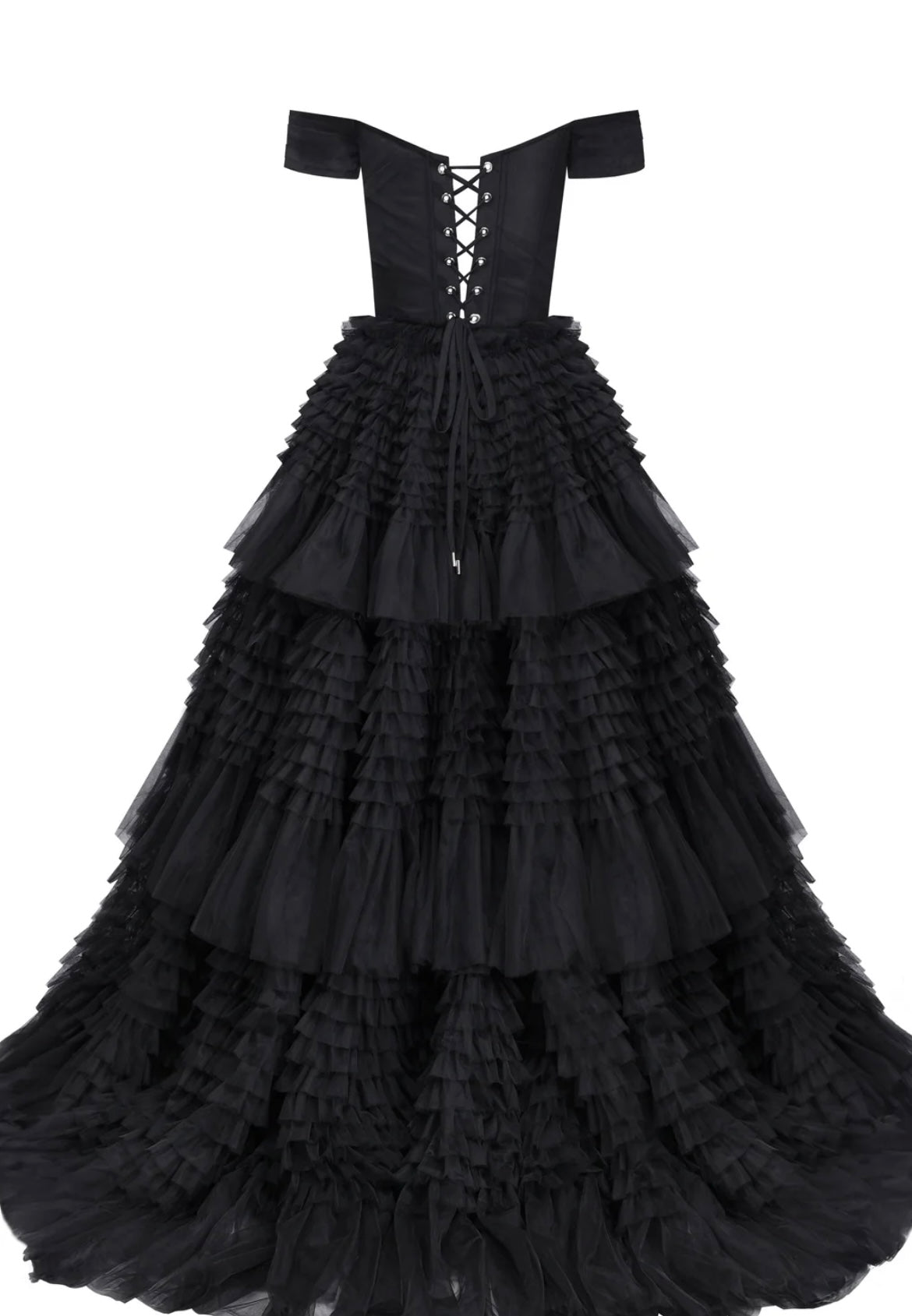 Milla Black Off-The-Shoulder Frill-Layered Gown