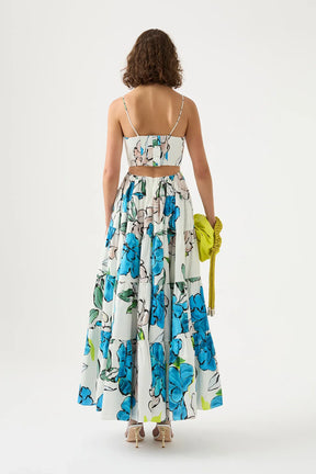 Aje Botanical Tiered Maxi Dress Cool Camelia Blue White Floral