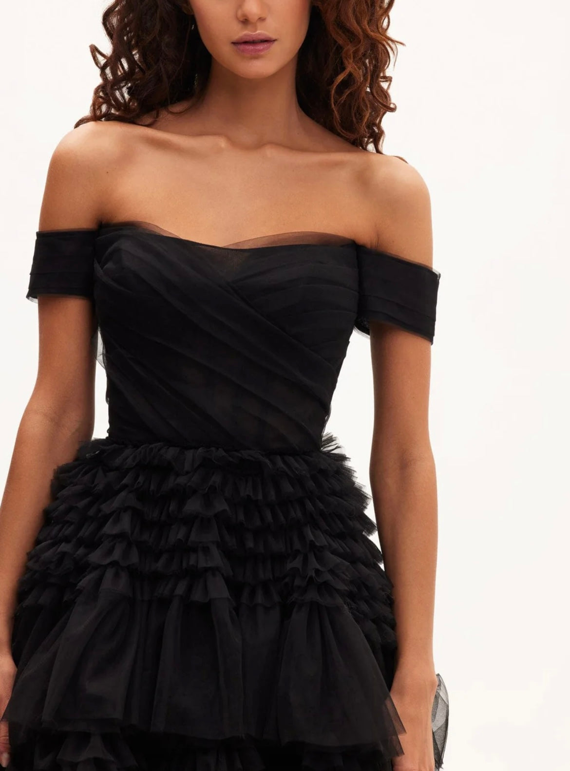 Milla Black Off-The-Shoulder Frill-Layered Gown