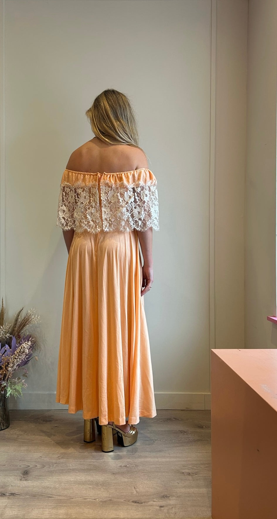 Spice Vintage Apricot Off Shoulder Dress with Lace Trim