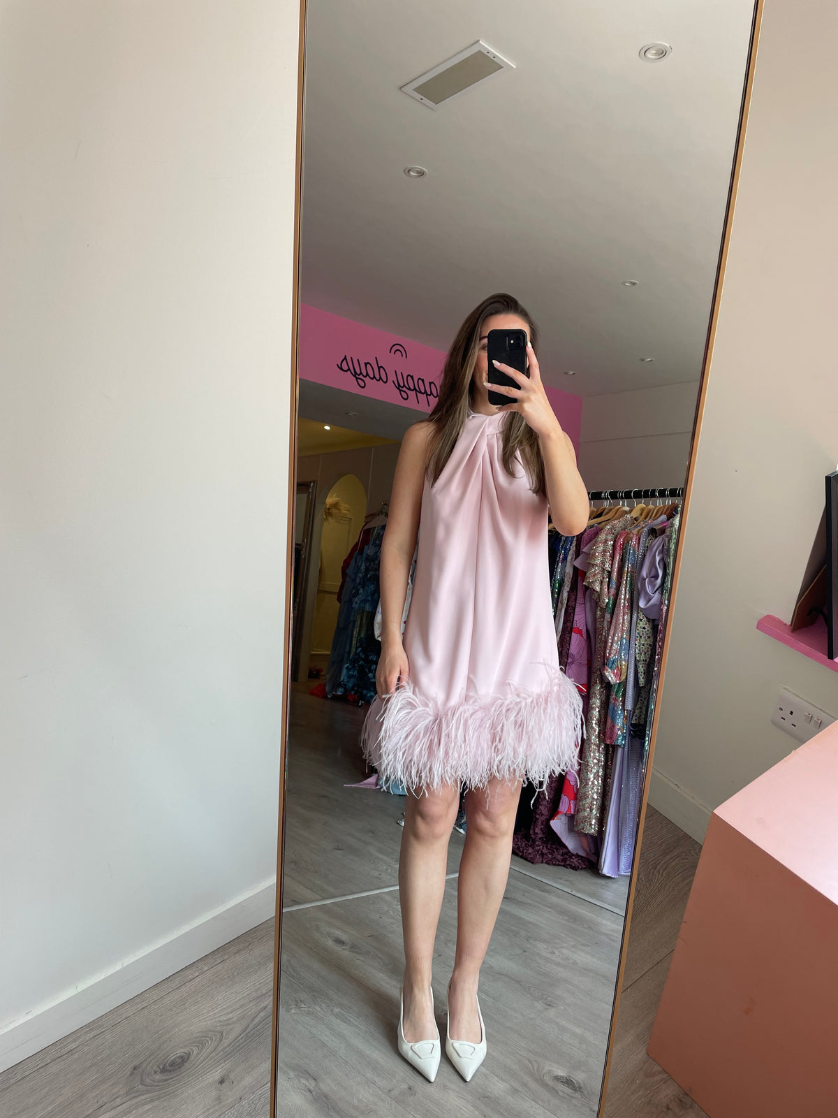 16 Arlington Cynthia Pink Feather Mini Dress