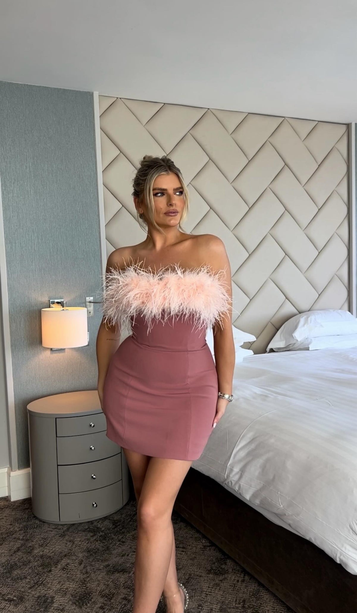 house of cb pink feather dress Alexa Feather Strapless Minidress