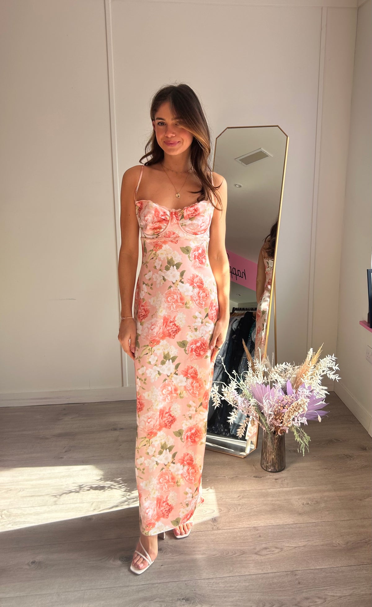 Josefina Pink Peony Print Satin Maxi Dress