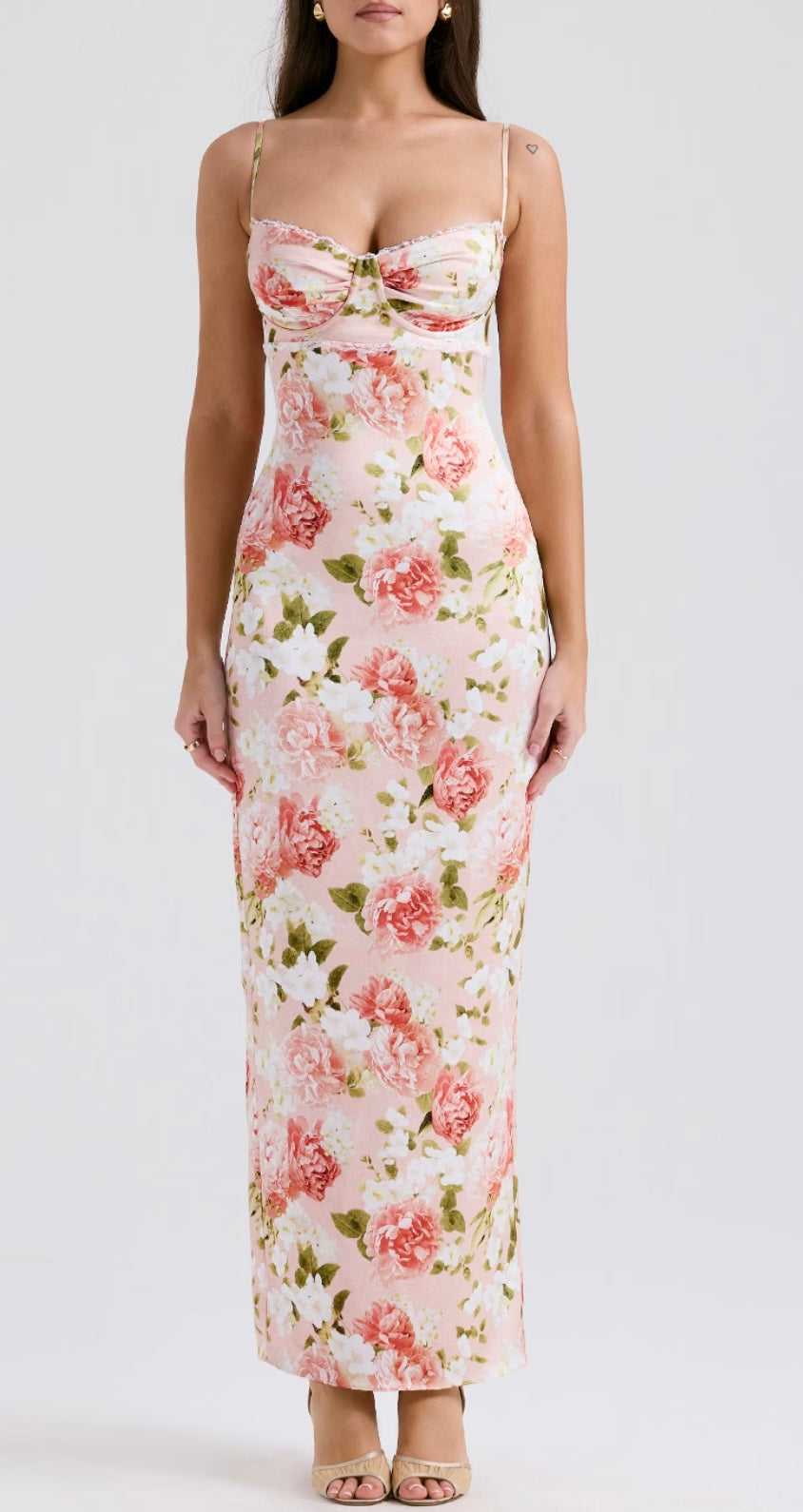 House of CB Josefina Pink Peony Print Satin Maxi Dress