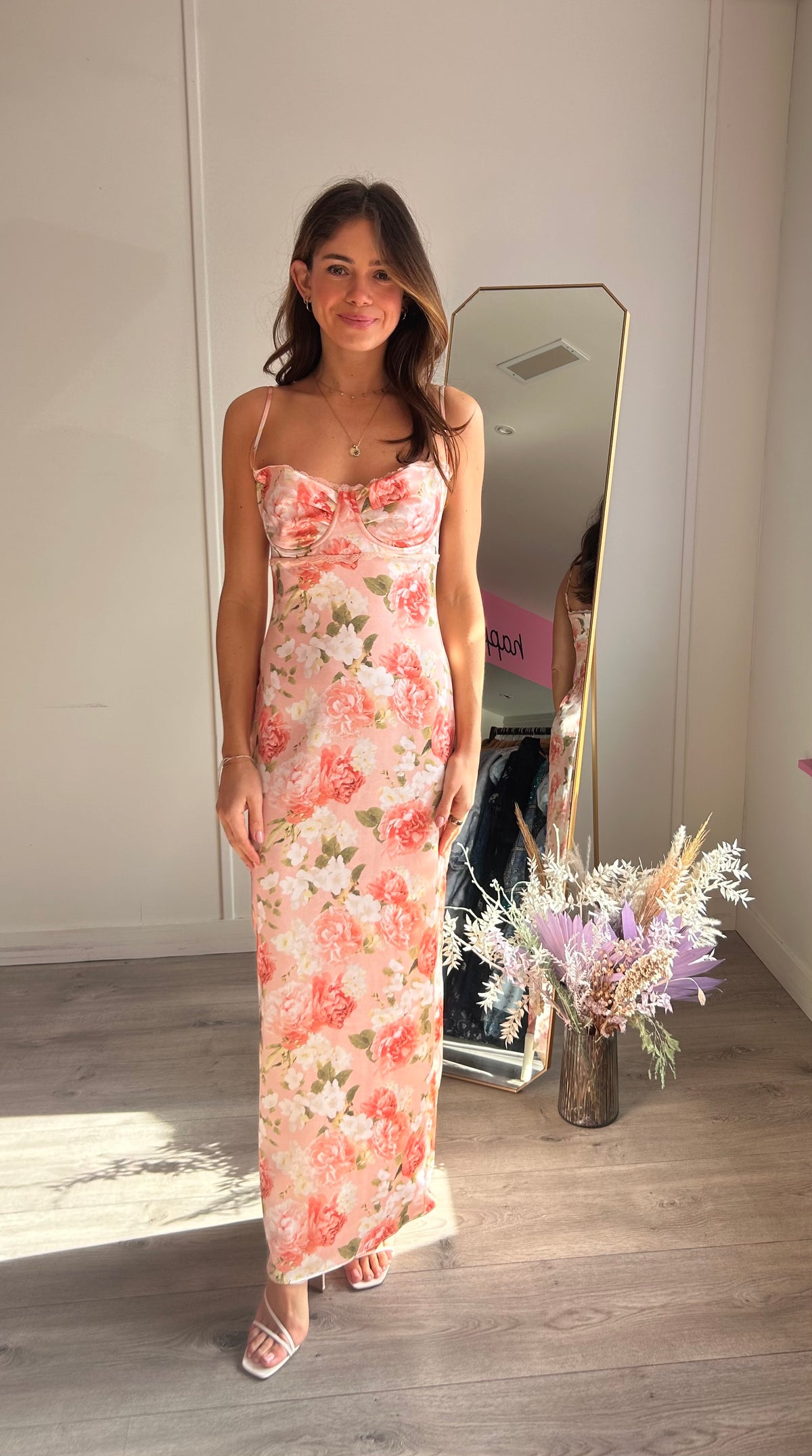 Josefina Pink Peony Print Satin Maxi Dress