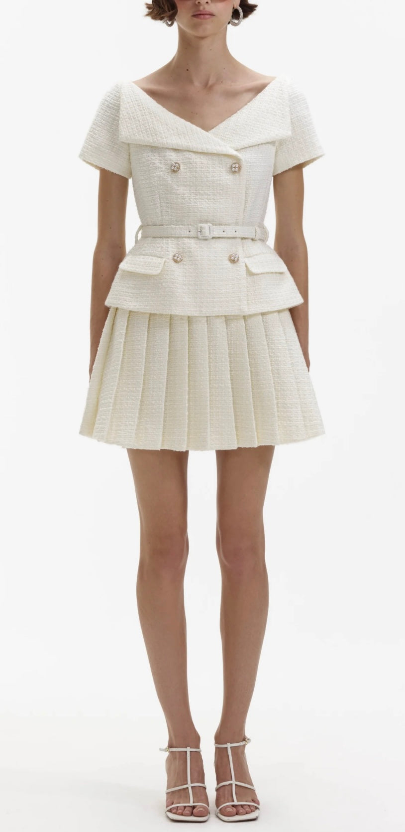 Self-Portrait Cream Boucle Pleated Mini Dress