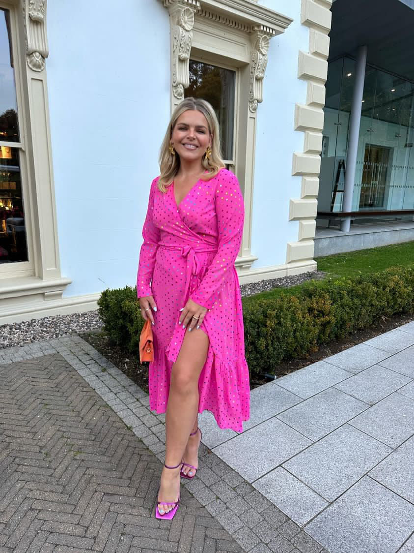 Never Fully Dressed Pink Mirror Wrap Dress