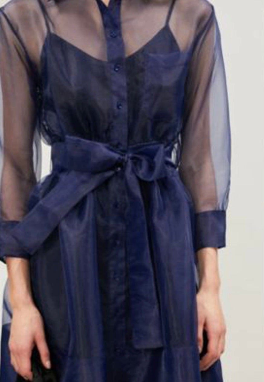 Maje Navy Organza Shirt Dress