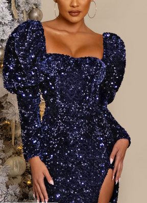 Club L London Navy Sequin Mini Dress With Puff Sleeves