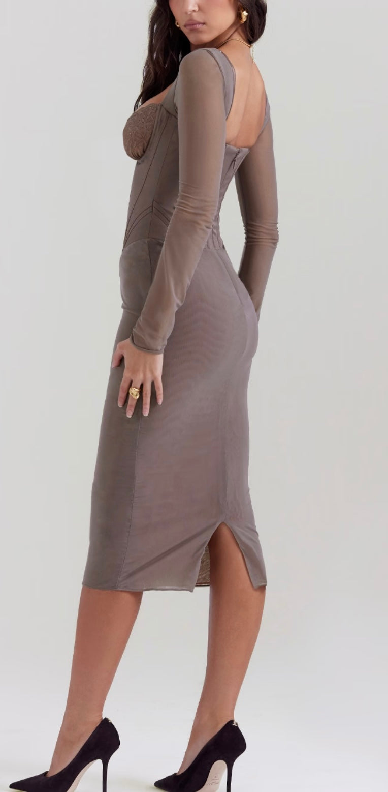 House of CB Safran Mocha Corset Midi Dress