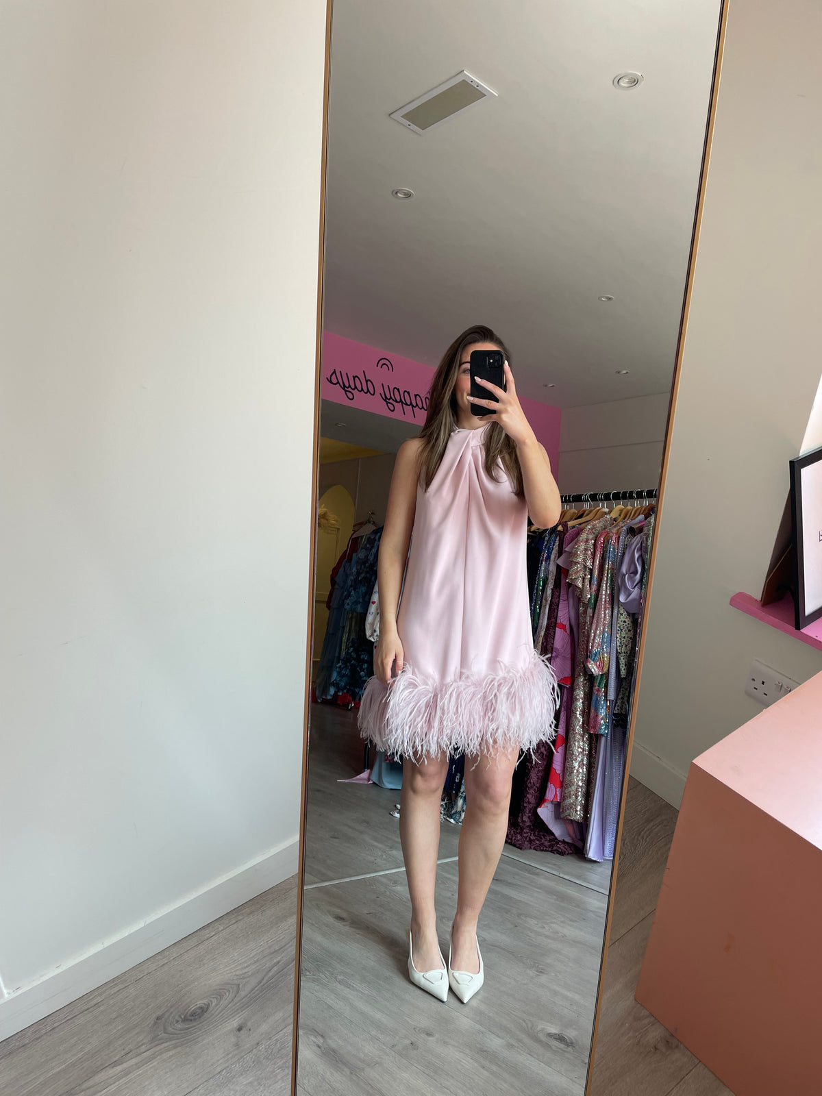 16 Arlington Cynthia Pink Feather Mini Dress