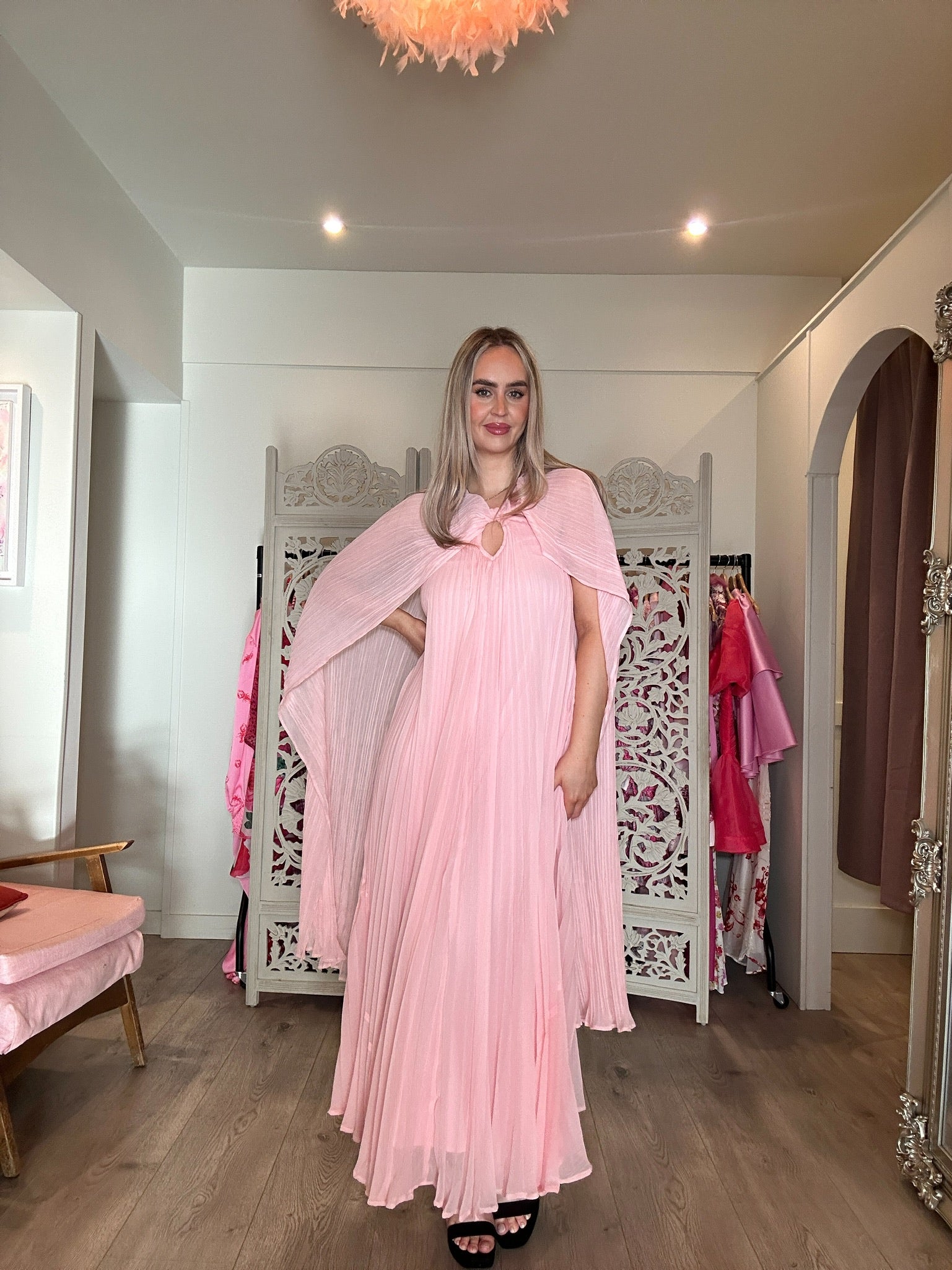 River Island Pink Pleated Cape Maxi Dress