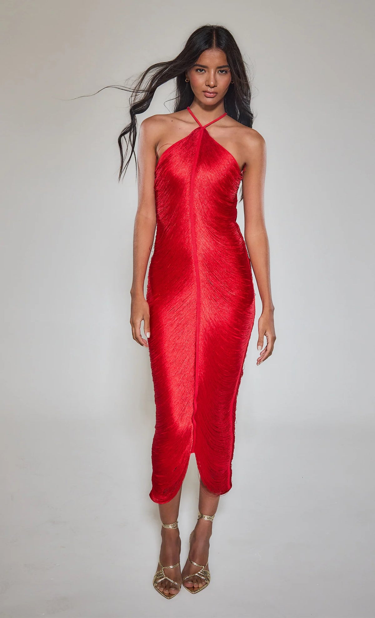 Rare London Red Fringe Detail Halter Neck Maxi Dress