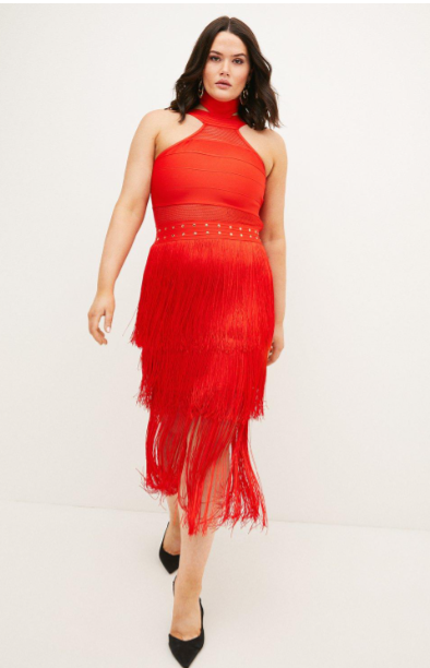 Karen Millen Curve Cut Out Fringe Red Dress