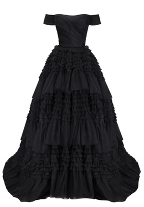 Milla Black Off-The-Shoulder Frill-Layered Gown