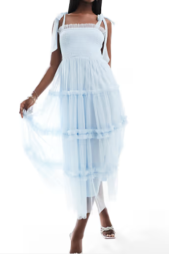 Lace & Beads Bow Tie Tulle Midi Dress