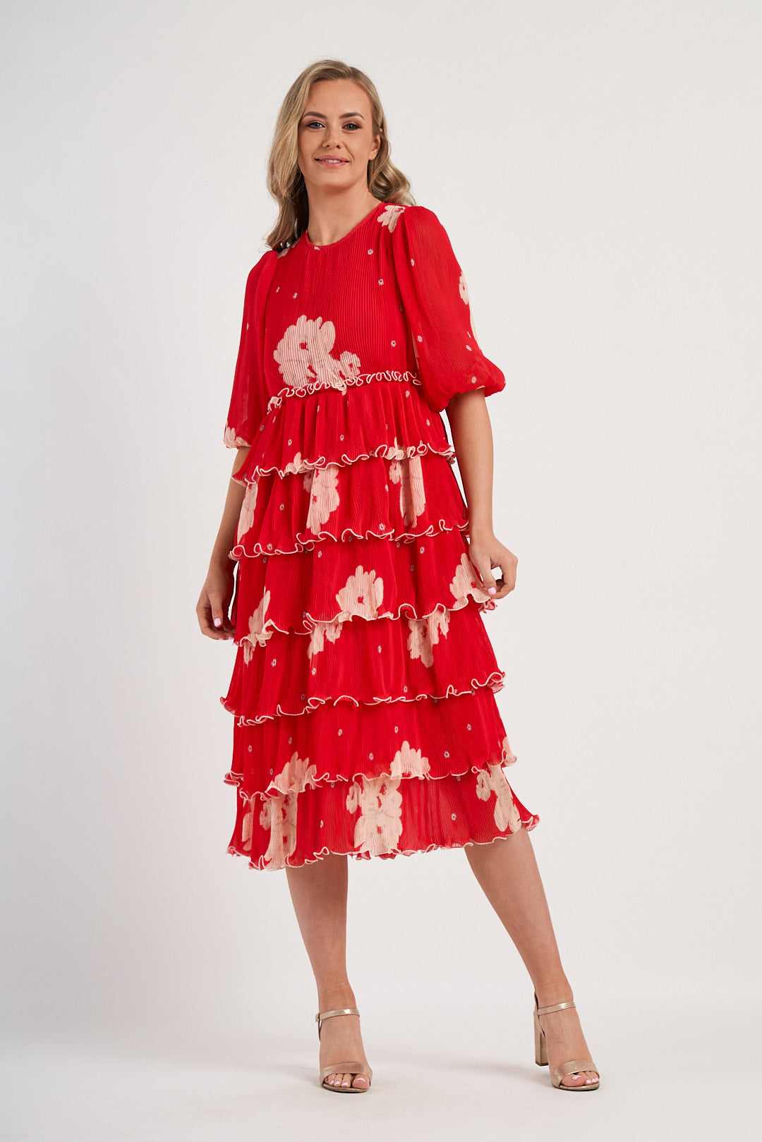 Ganni Red Floral Tiered Midi