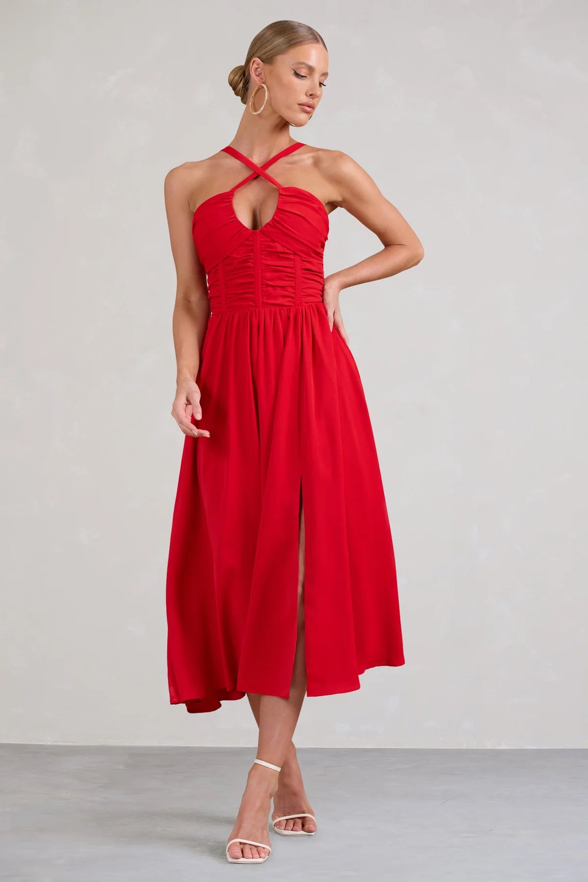 Club L London Lady Loren Red Ruched Cross-Strap Split Midi Dress