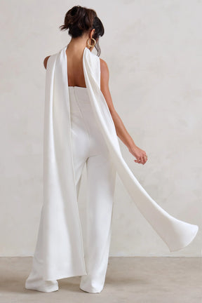 Club L London Winnie White Corset Jumpsuit With Statement Drape