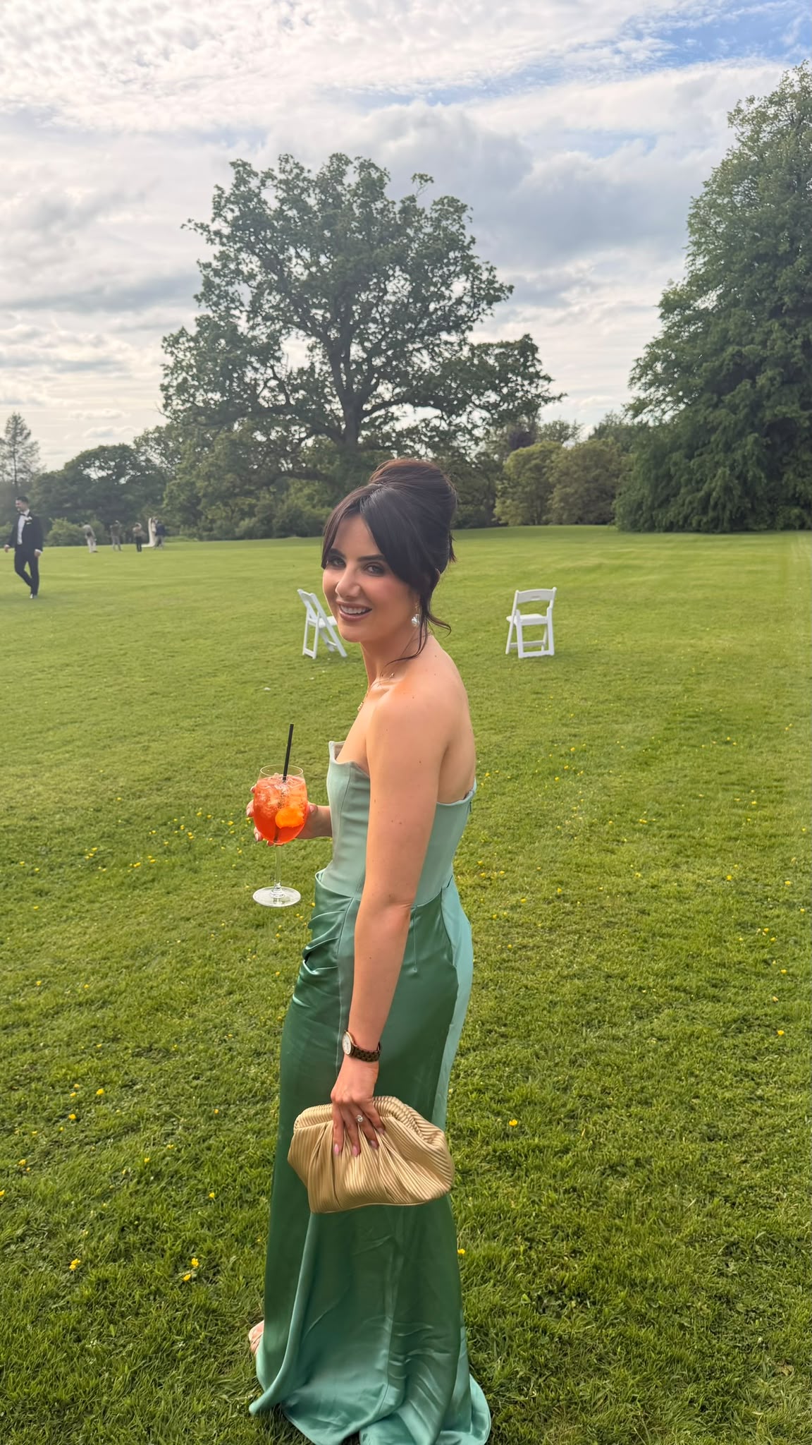 Adrienne Sage Green Strapless Gown