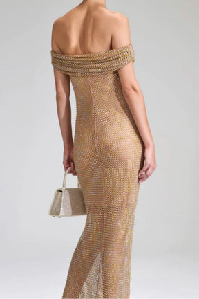 Crystal-Embellished Fishnet Gown Gold