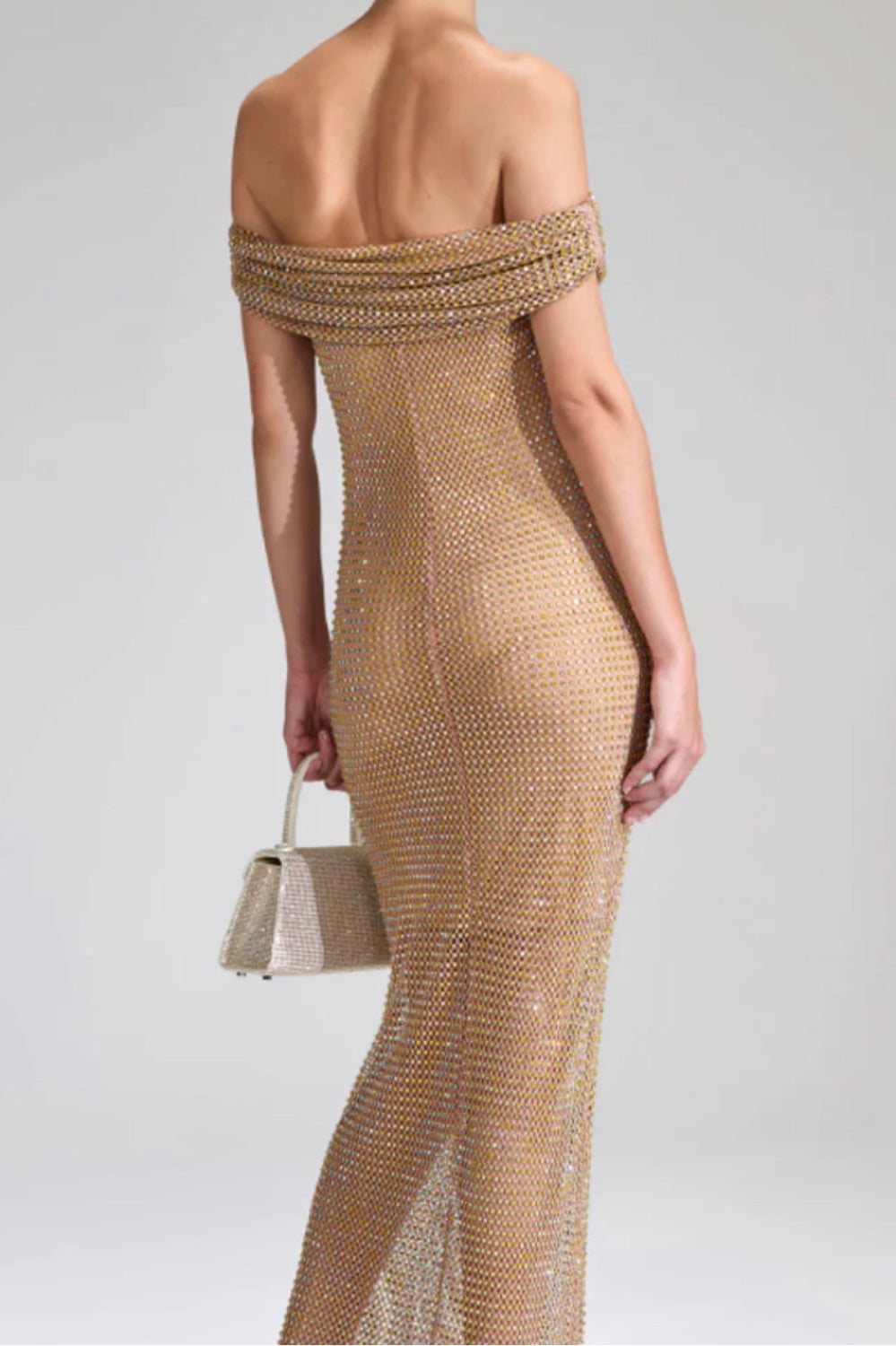 Crystal-Embellished Fishnet Gown Gold