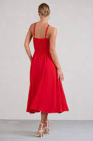 Club L London Lady Loren Red Ruched Cross-Strap Split Midi Dress