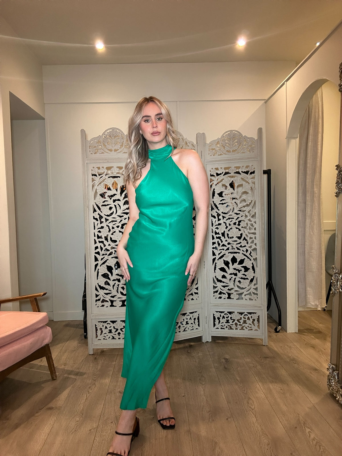 Satin Drape Back Maxi Dress - Emerald Maxi