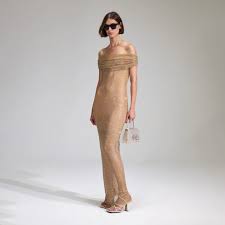 Crystal-Embellished Fishnet Gown Gold