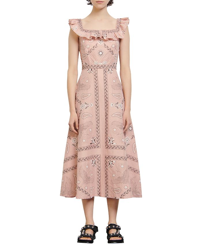 Sandro Gale Ruffle-trimmed Printed Linen And Cotton-blend Midi Dress In Pink