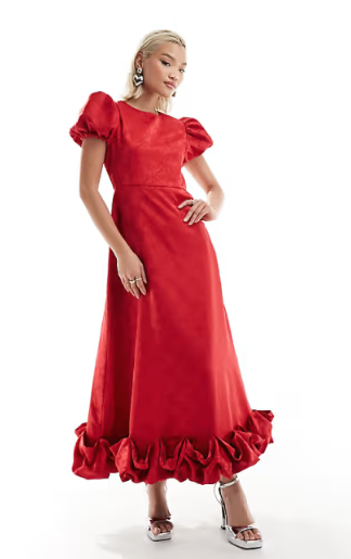 Bow Embossed Puff Sleeve Midi