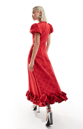 Bow Embossed Puff Sleeve Midi